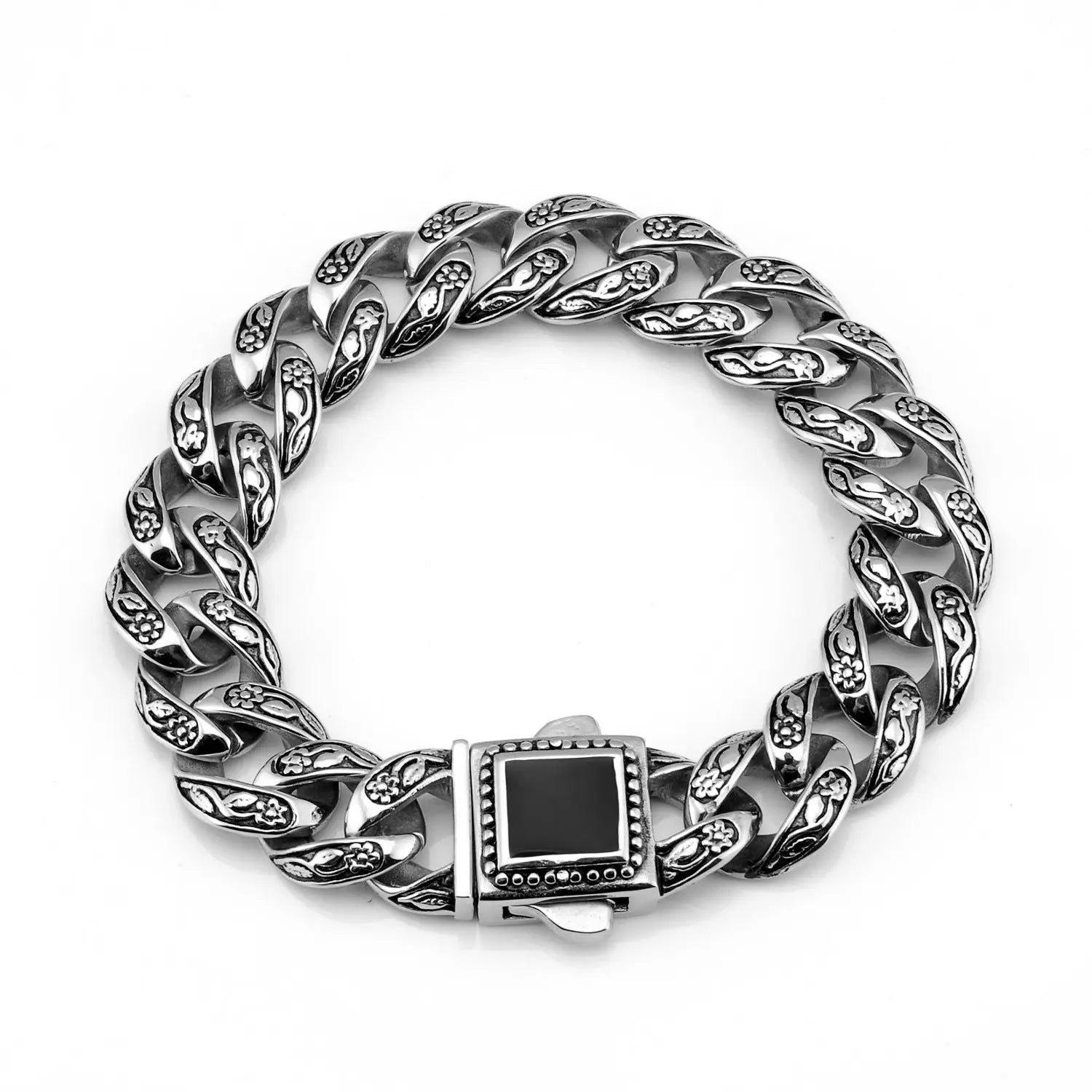 Rose Pattern Curb Link Stainless Steel Bracelet