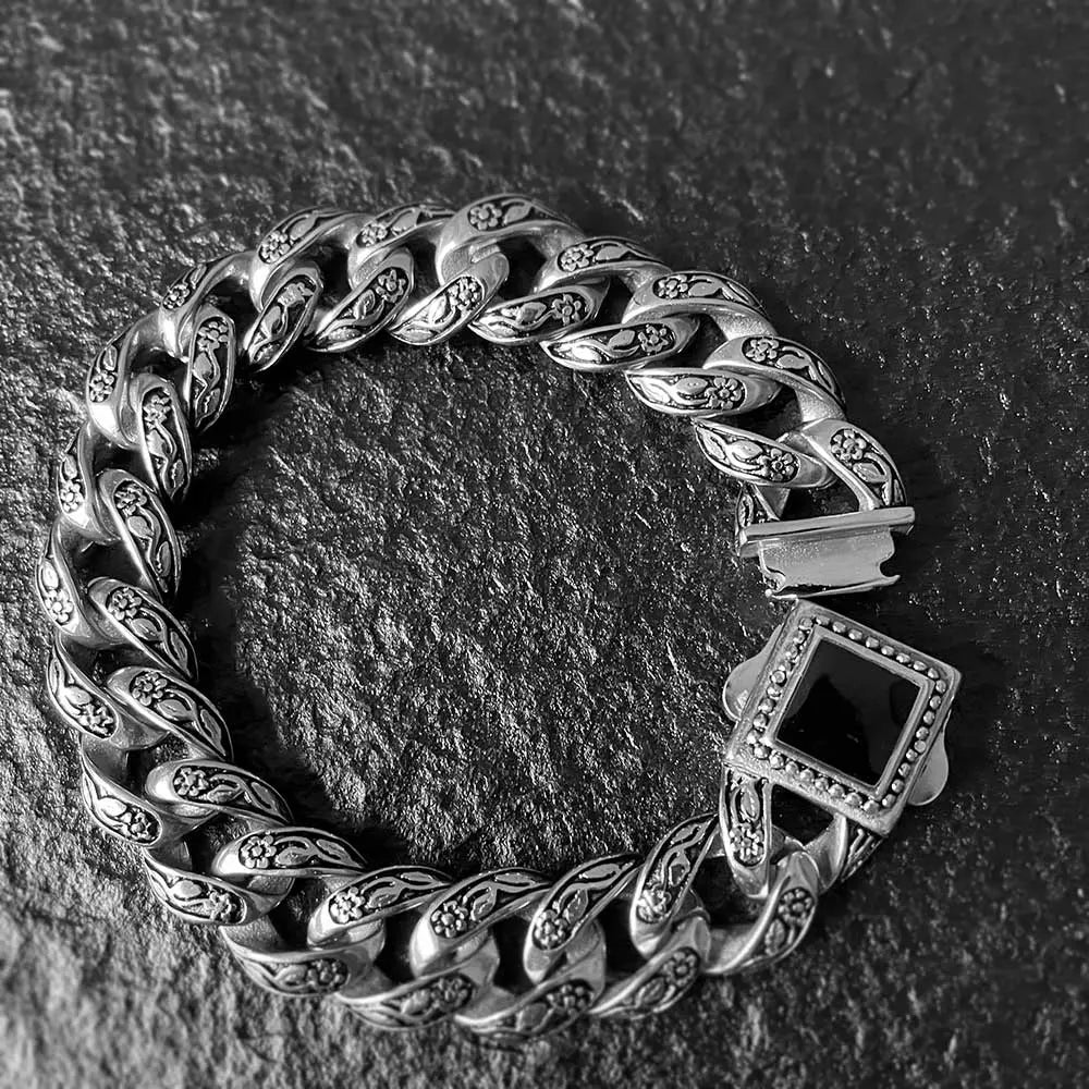 Rose Pattern Curb Link Stainless Steel Bracelet
