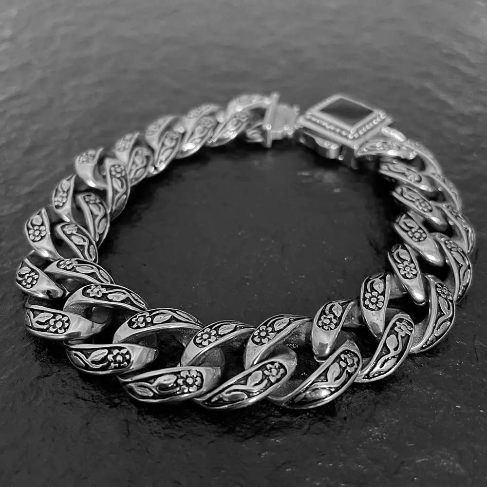 Rose Pattern Curb Link Stainless Steel Bracelet