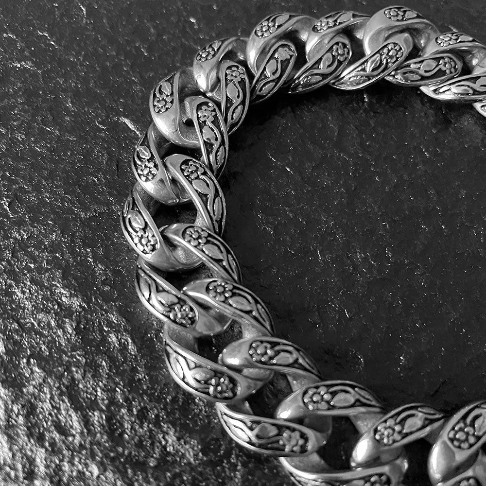 Rose Pattern Curb Link Stainless Steel Bracelet