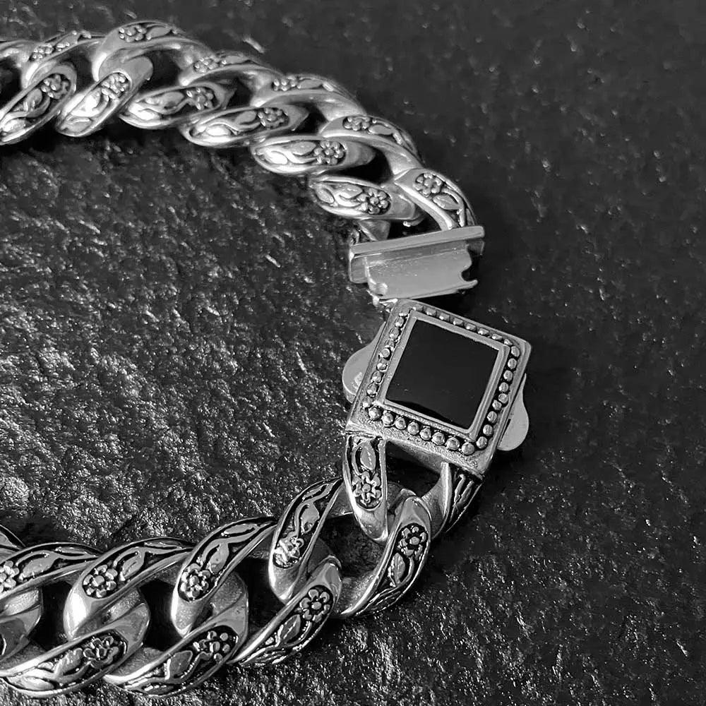 Rose Pattern Curb Link Stainless Steel Bracelet
