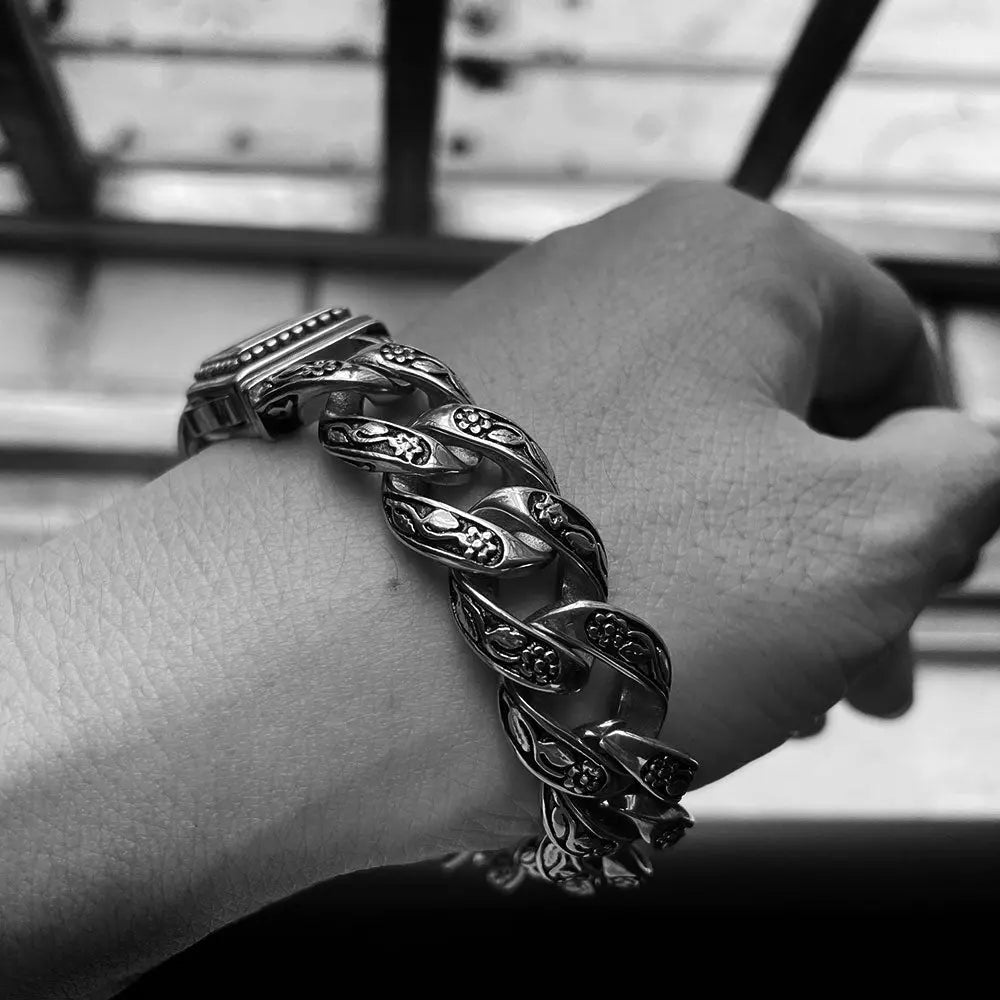 Rose Pattern Curb Link Stainless Steel Bracelet