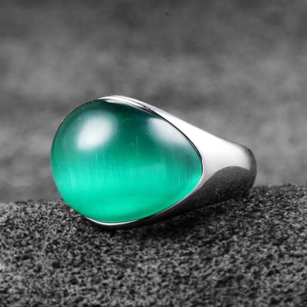 Round Aurora Opal Stainless Steel Ring