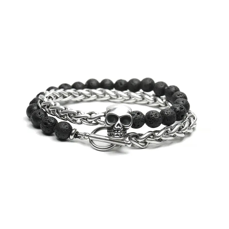 Round Stone Bead Skull Head Chain Stainless Steel Bracelet