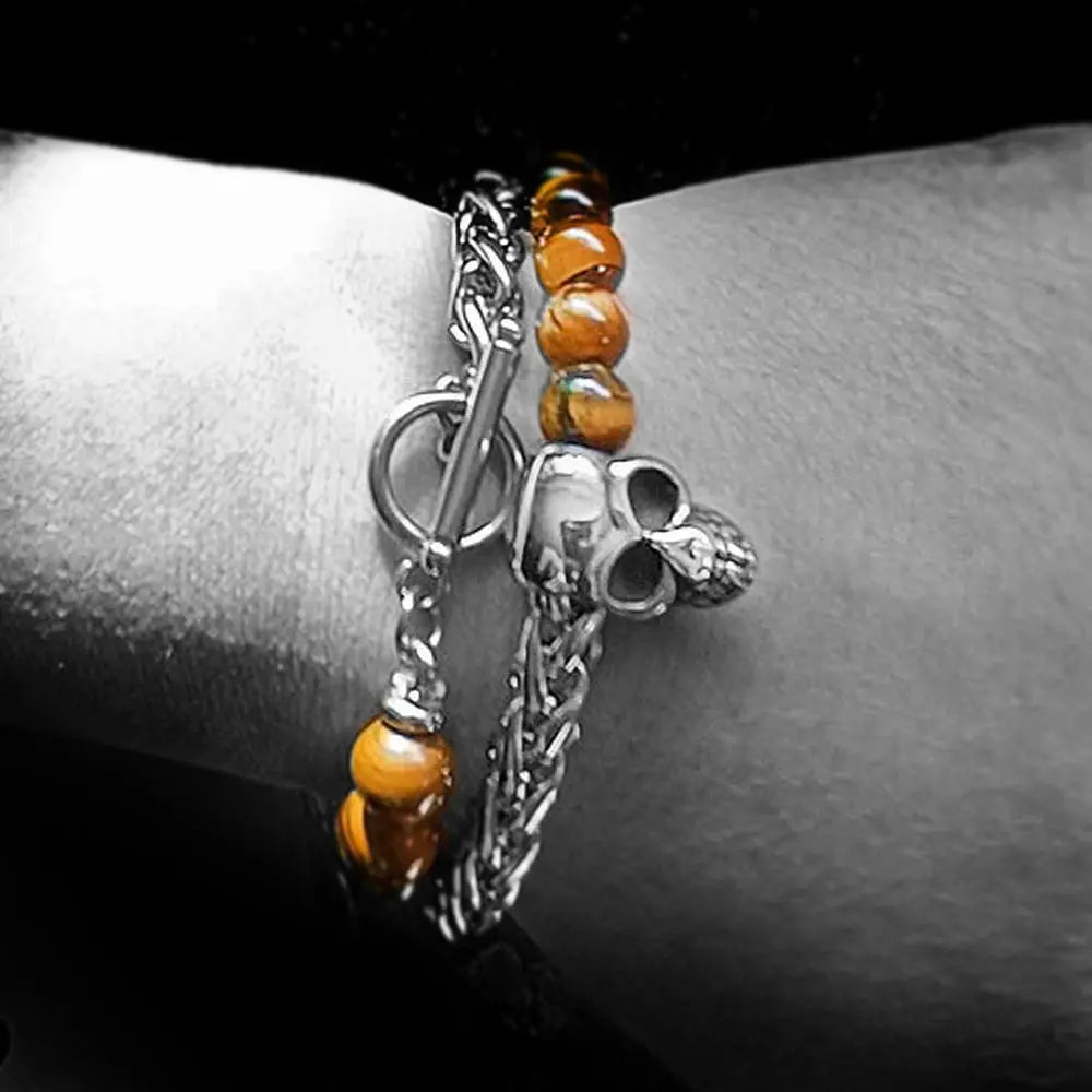 Round Stone Bead Skull Head Chain Stainless Steel Bracelet