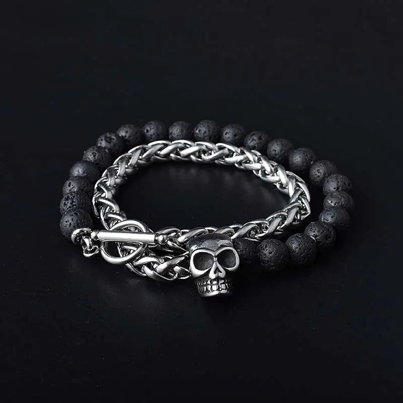 Round Stone Bead Skull Head Chain Stainless Steel Bracelet