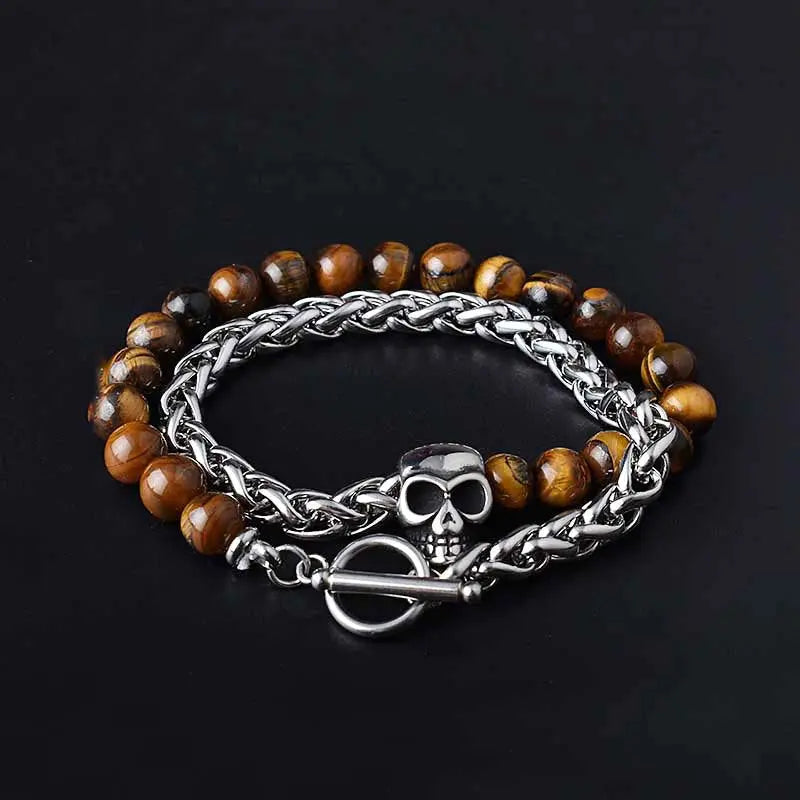 Round Stone Bead Skull Head Chain Stainless Steel Bracelet