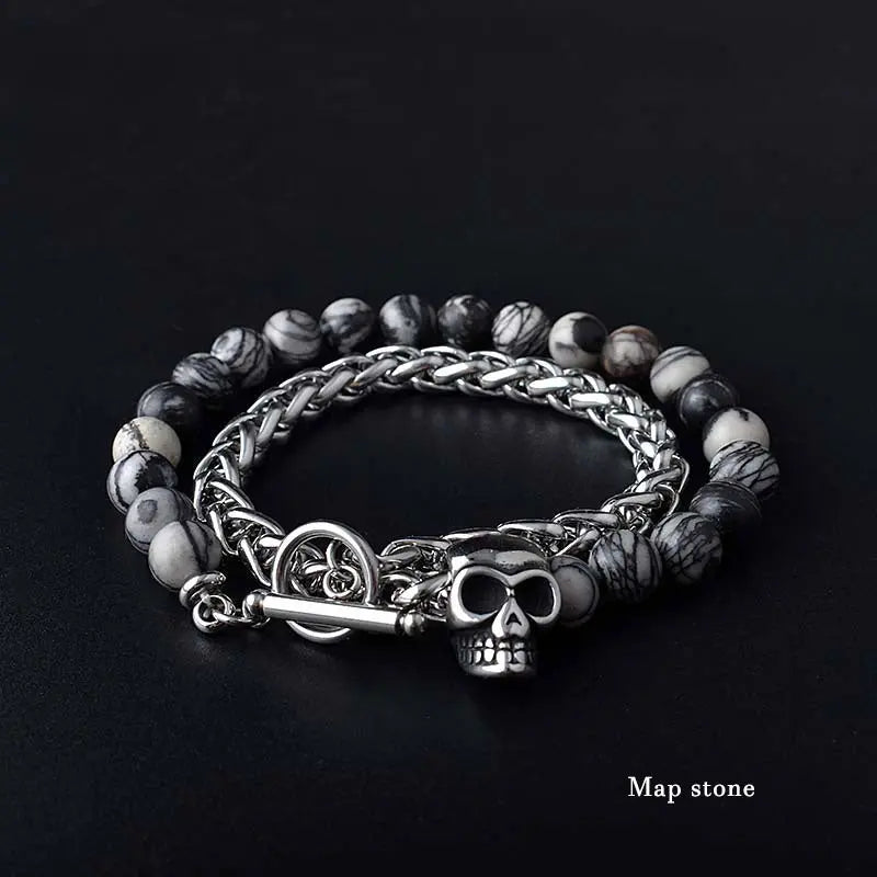 Round Stone Bead Skull Head Chain Stainless Steel Bracelet