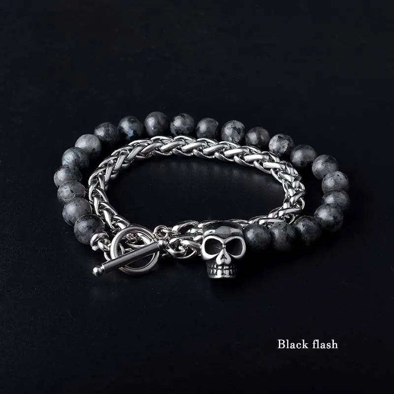 Round Stone Bead Skull Head Chain Stainless Steel Bracelet