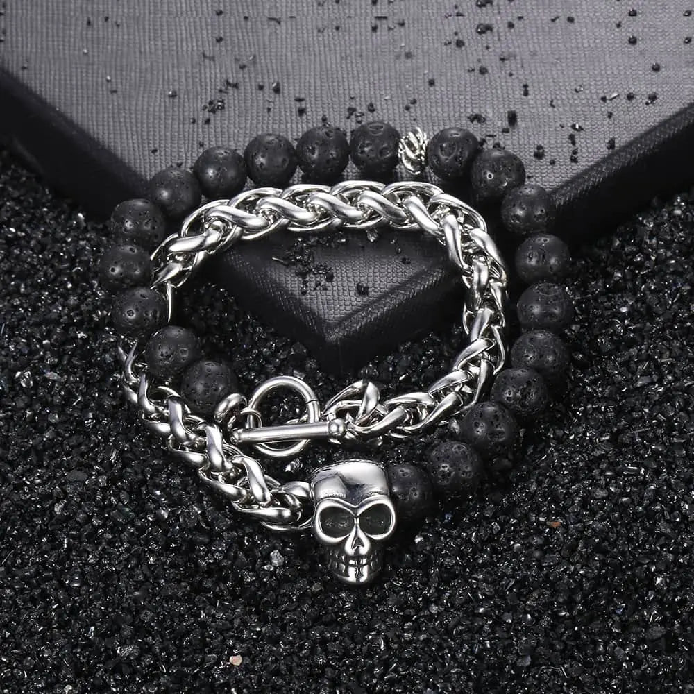 Round Stone Bead Skull Head Chain Stainless Steel Bracelet