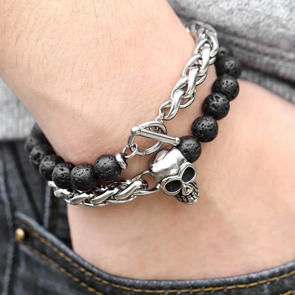 Round Stone Bead Skull Head Chain Stainless Steel Bracelet