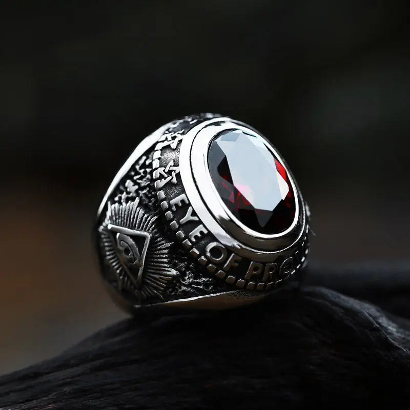 Ruby-Sapphire Triangle Eye Stainless Steel Ring