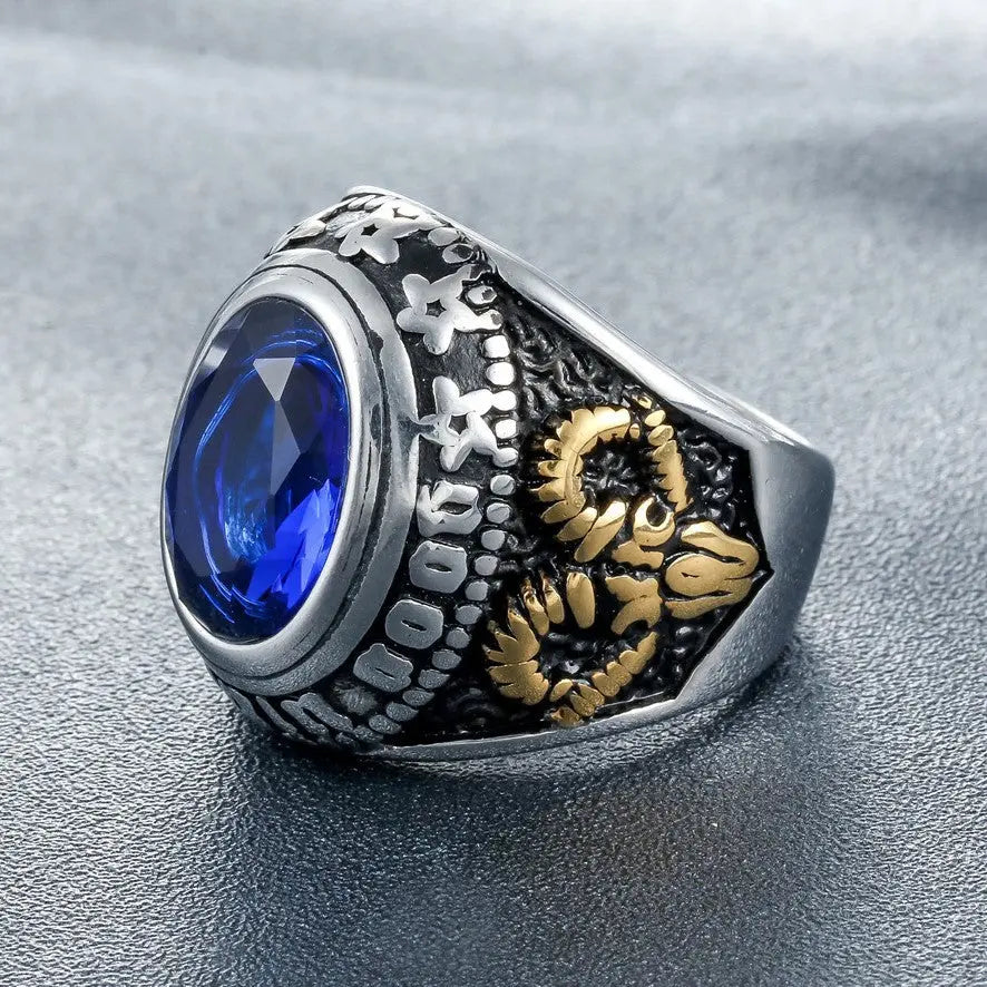 Ruby-Sapphire Triangle Eye Stainless Steel Ring