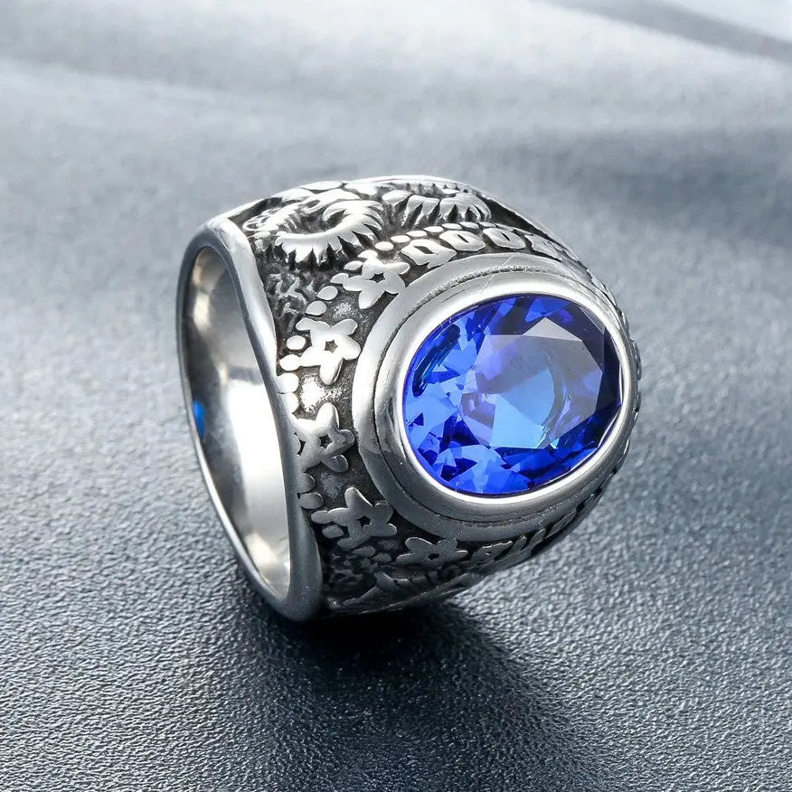 Ruby-Sapphire Triangle Eye Stainless Steel Ring