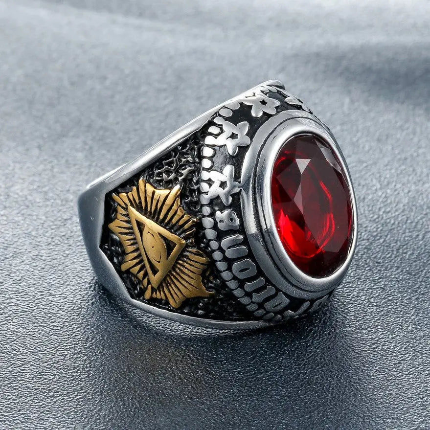 Ruby-Sapphire Triangle Eye Stainless Steel Ring
