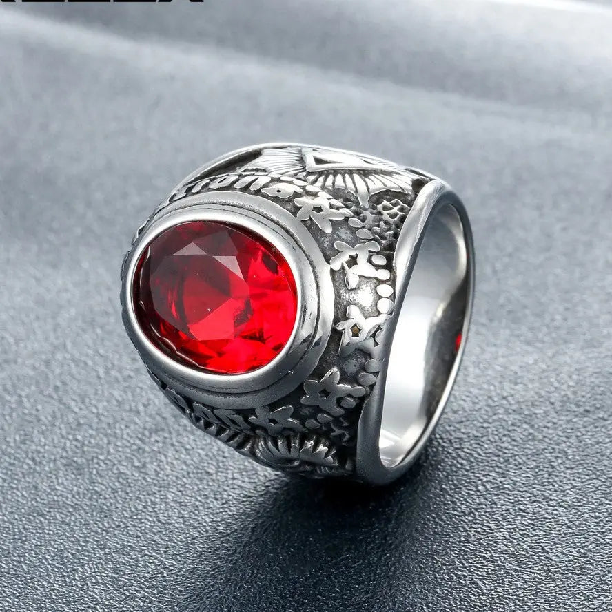 Ruby-Sapphire Triangle Eye Stainless Steel Ring