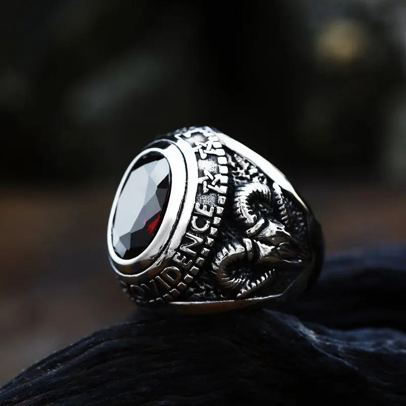 Ruby-Sapphire Triangle Eye Stainless Steel Ring
