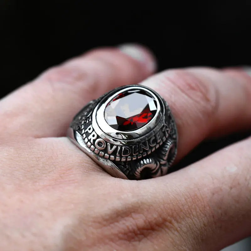 Ruby-Sapphire Triangle Eye Stainless Steel Ring