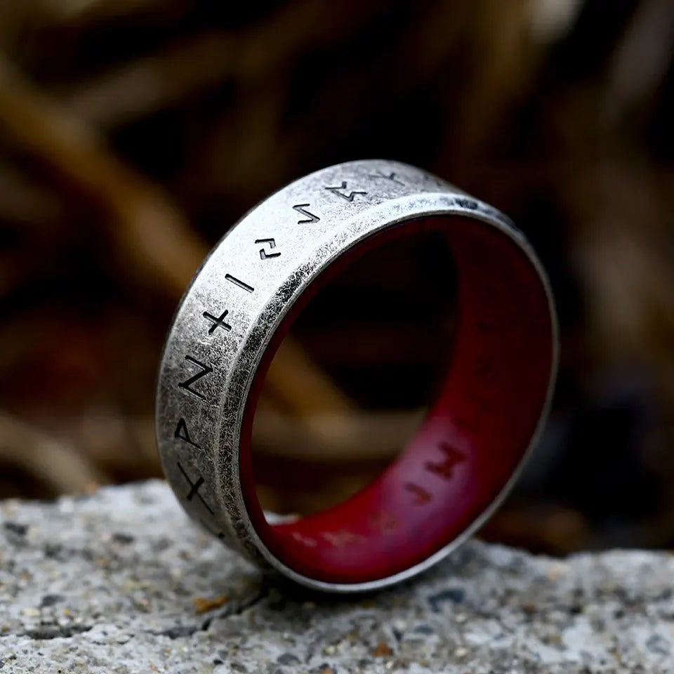 Runes Engraved With Rosewood Stainless Steel Ring