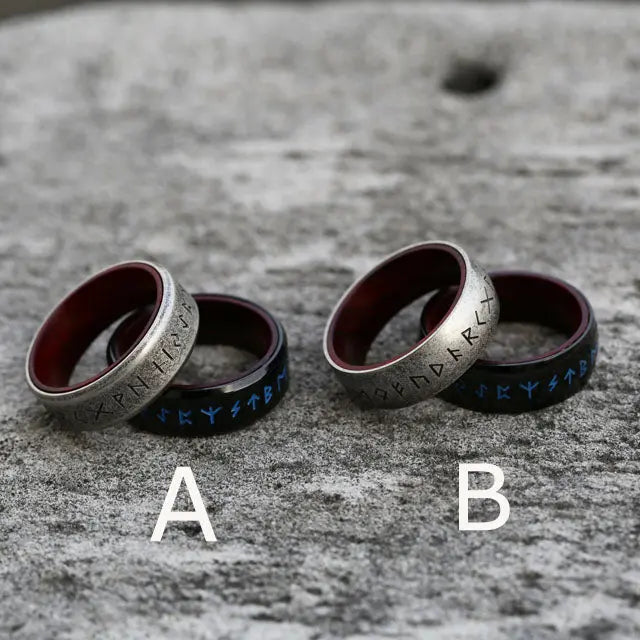 Runes Engraved With Rosewood Stainless Steel Ring
