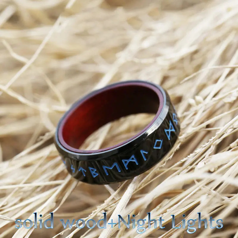 Runes Engraved With Rosewood Stainless Steel Ring