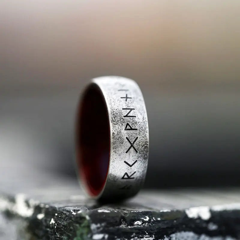 Runes Engraved With Rosewood Stainless Steel Ring