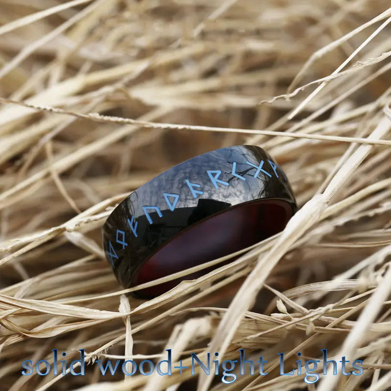 Runes Engraved With Rosewood Stainless Steel Ring