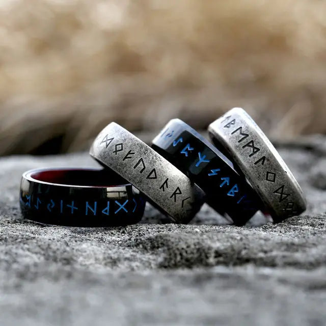 Runes Engraved With Rosewood Stainless Steel Ring