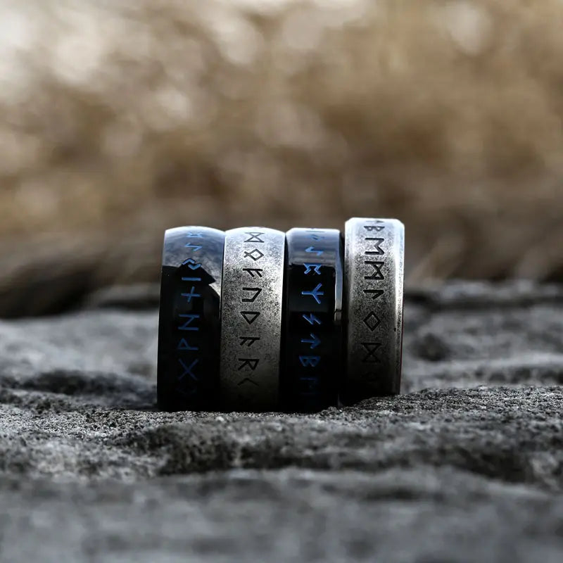 Runes Engraved With Rosewood Stainless Steel Ring