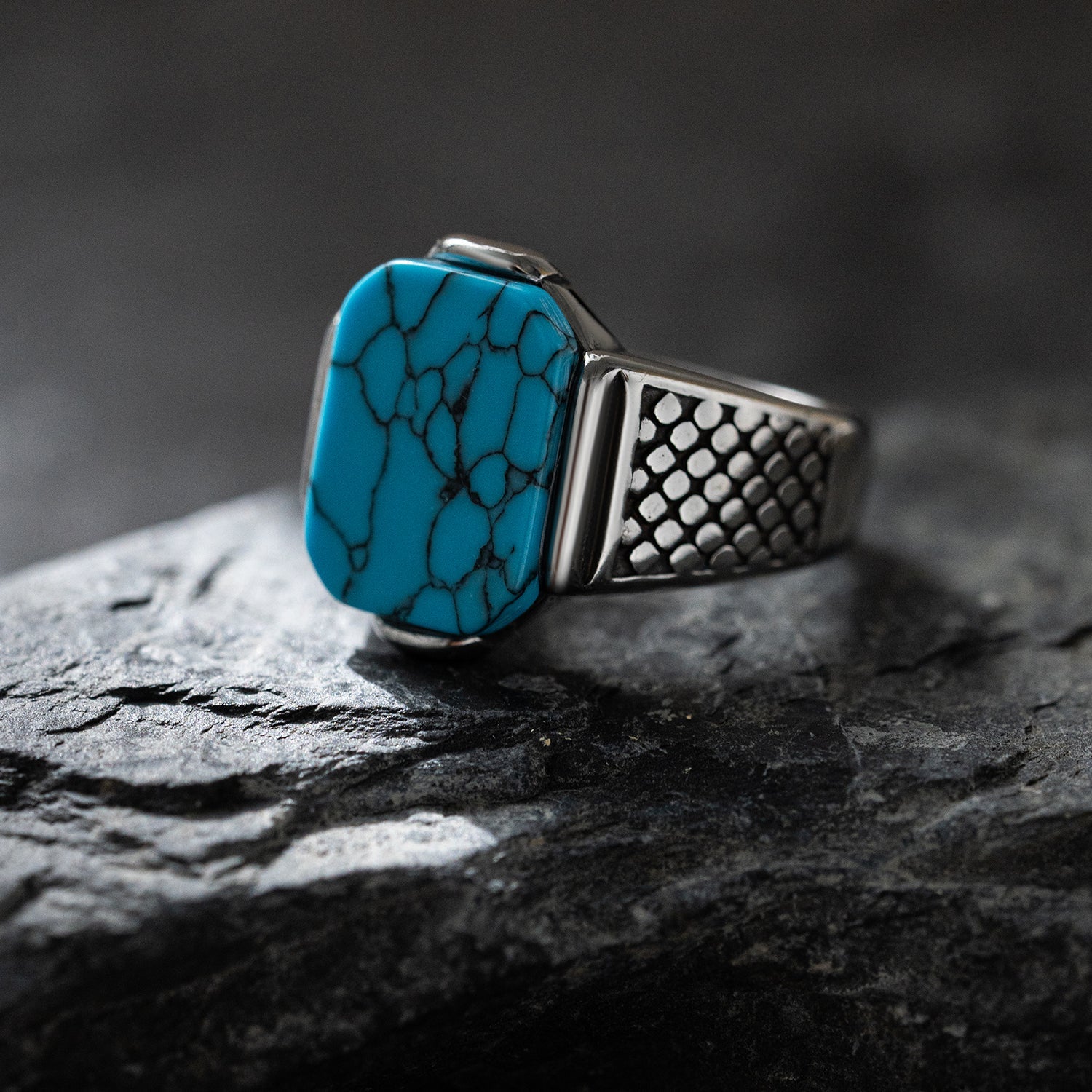 Rectangular Gemstone Grid Band Stainless Steel Ring