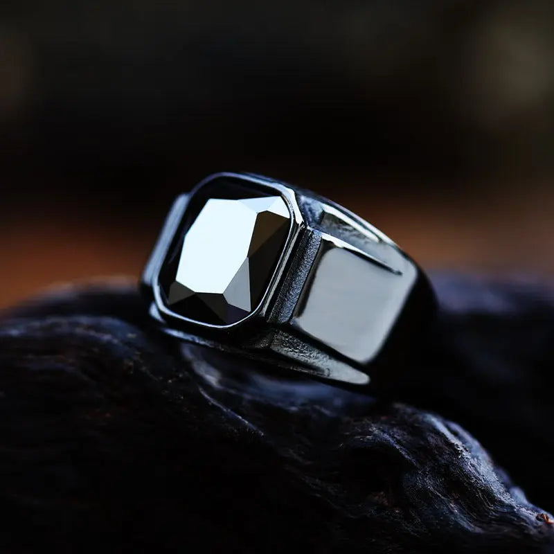 Scissor Cut Gemstone Black Band Stainless Steel Ring