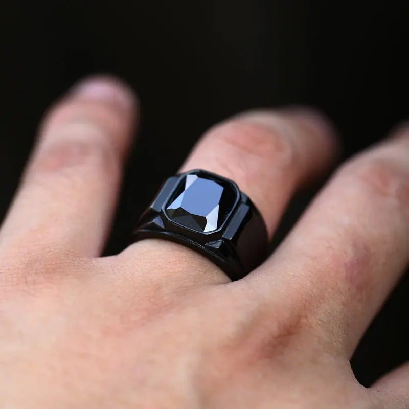 Scissor Cut Gemstone Black Band Stainless Steel Ring