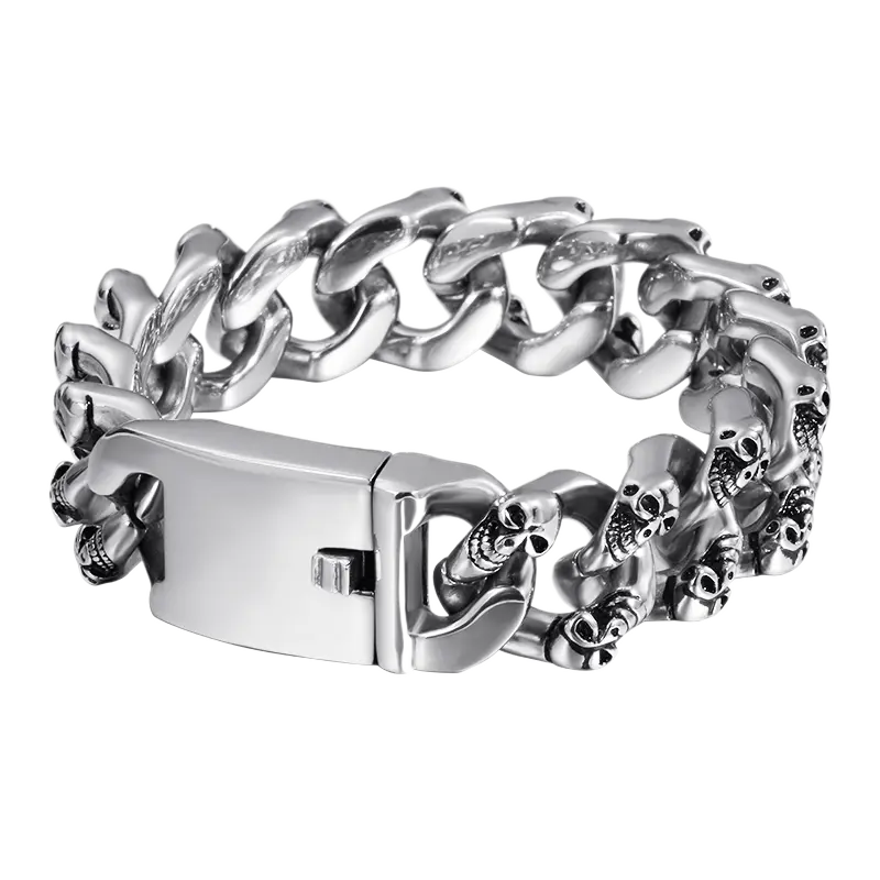 Side-By-Side Skull Curb Link Stainless Steel Bracelet