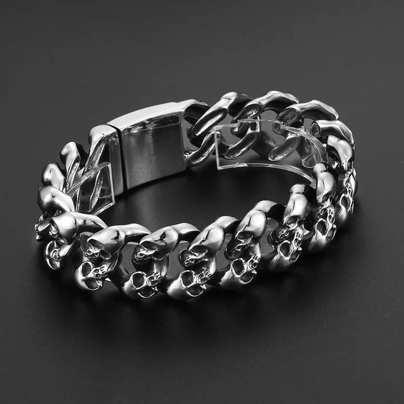 Side-By-Side Skull Curb Link Stainless Steel Bracelet