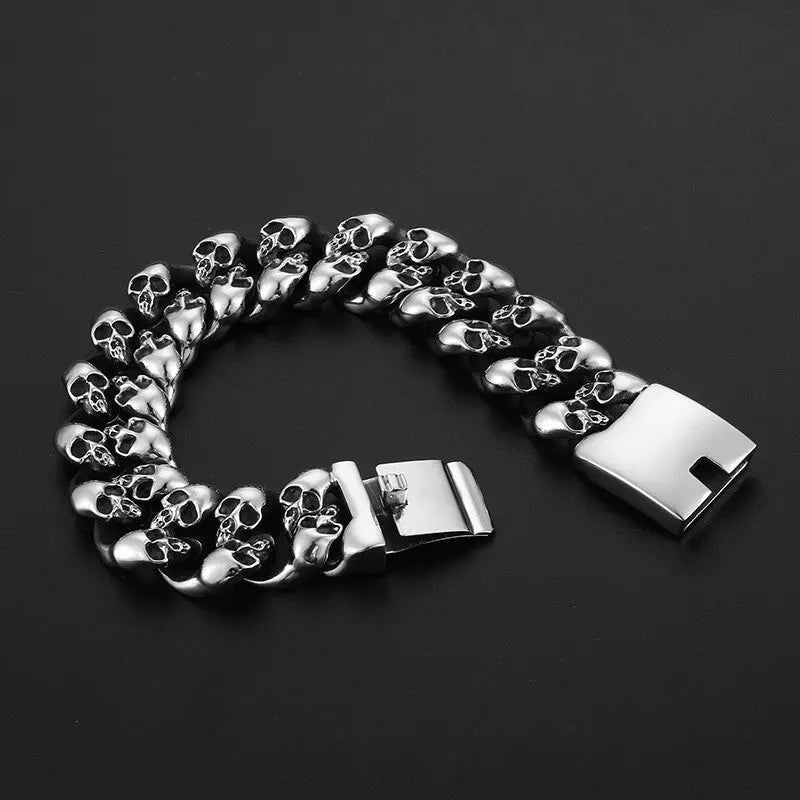 Side-By-Side Skull Curb Link Stainless Steel Bracelet