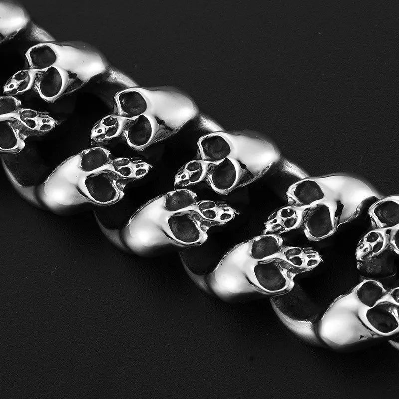 Side-By-Side Skull Curb Link Stainless Steel Bracelet