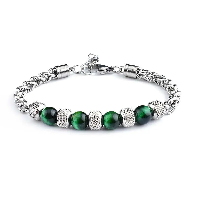 Single-row Natural Stone Bead Stainless Steel Bracelet