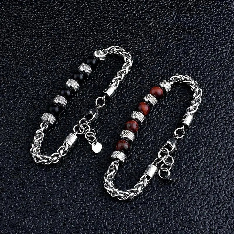 Single-row Natural Stone Bead Stainless Steel Bracelet