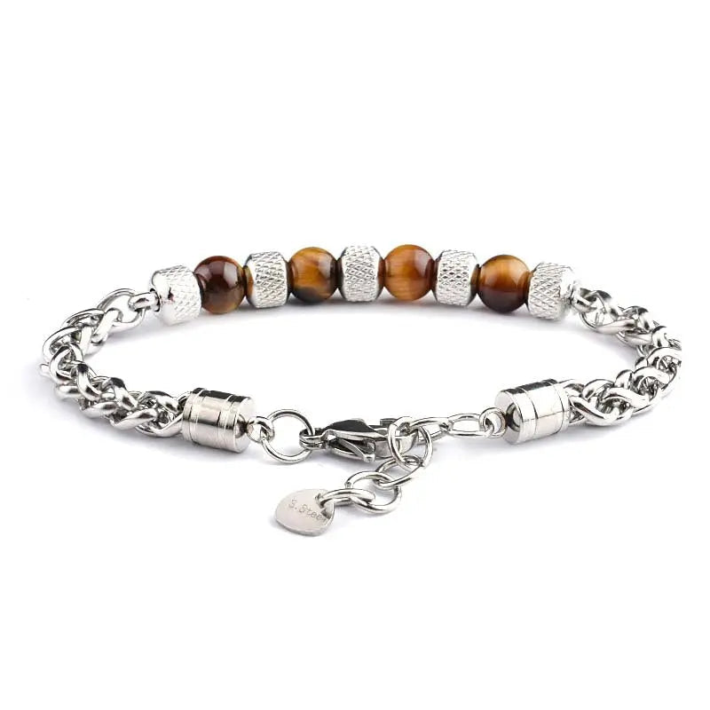 Single-row Natural Stone Bead Stainless Steel Bracelet