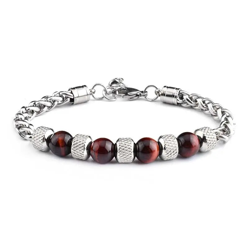 Single-row Natural Stone Bead Stainless Steel Bracelet