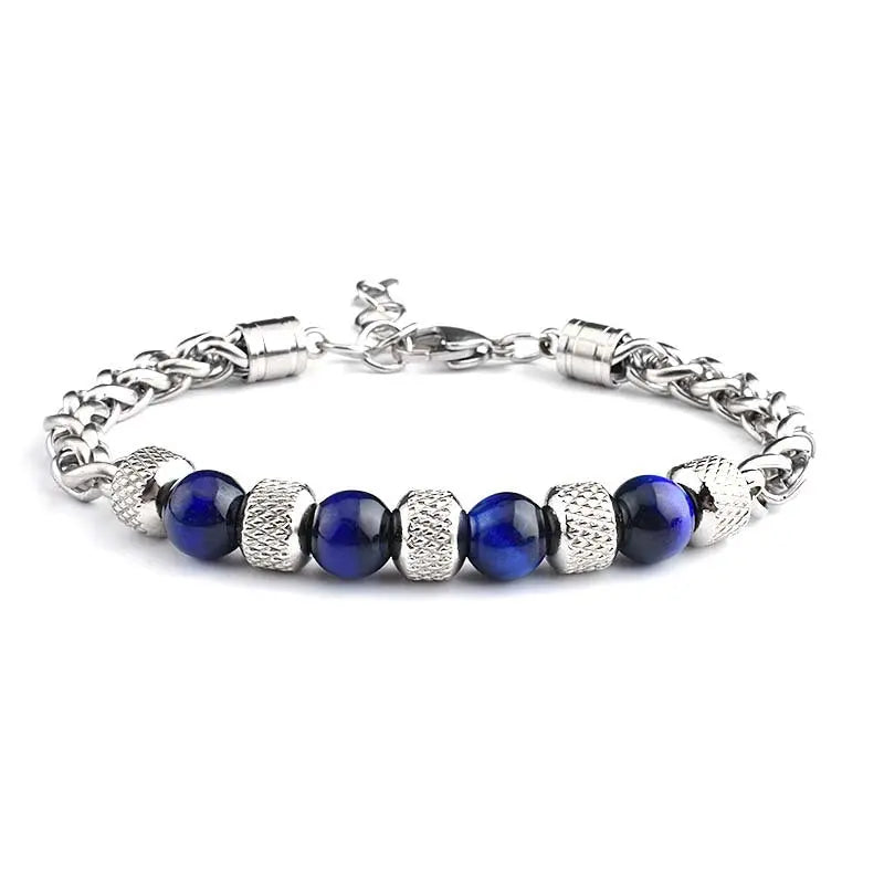 Single-row Natural Stone Bead Stainless Steel Bracelet