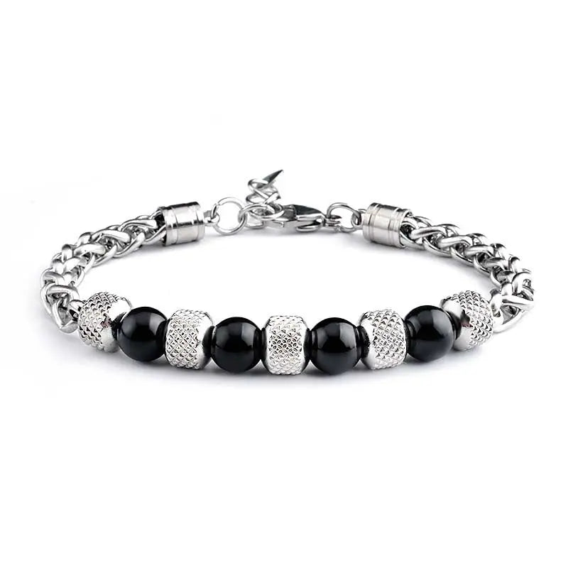 Single-row Natural Stone Bead Stainless Steel Bracelet