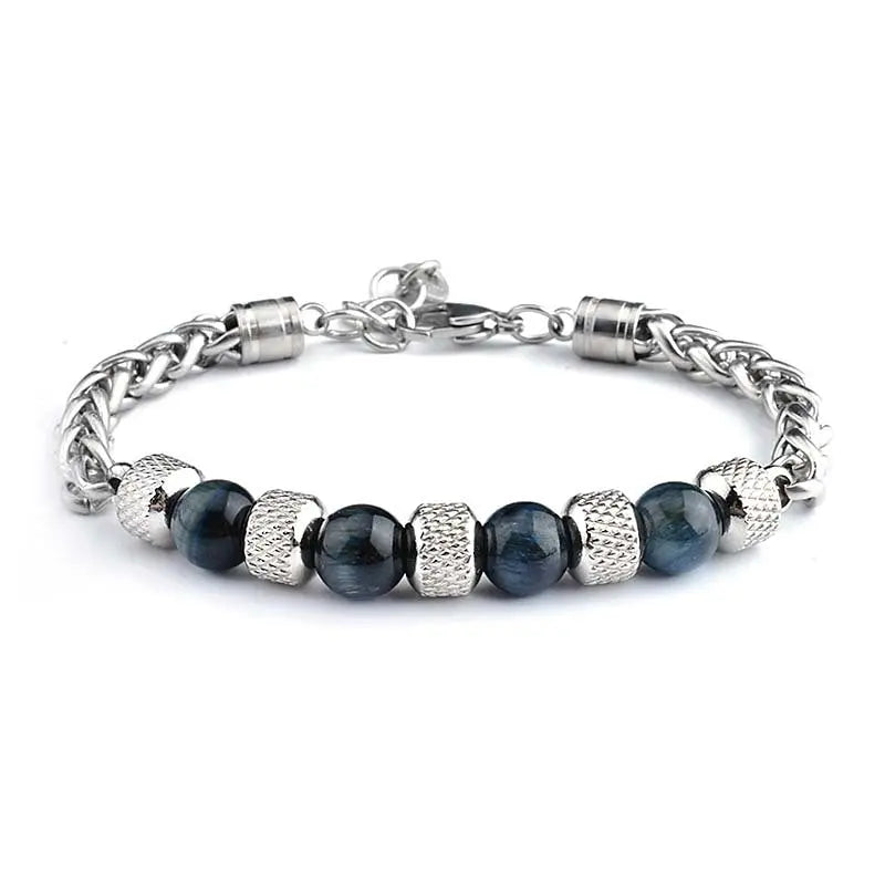 Single-row Natural Stone Bead Stainless Steel Bracelet