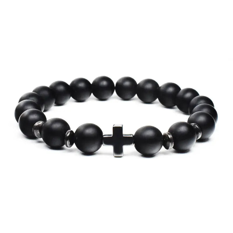 Single-row Stone Bead Stretchable Cross Bracelet