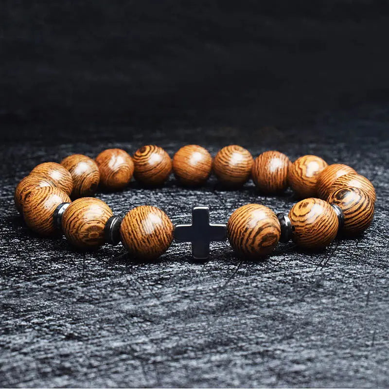Single-row Stone Bead Stretchable Cross Bracelet