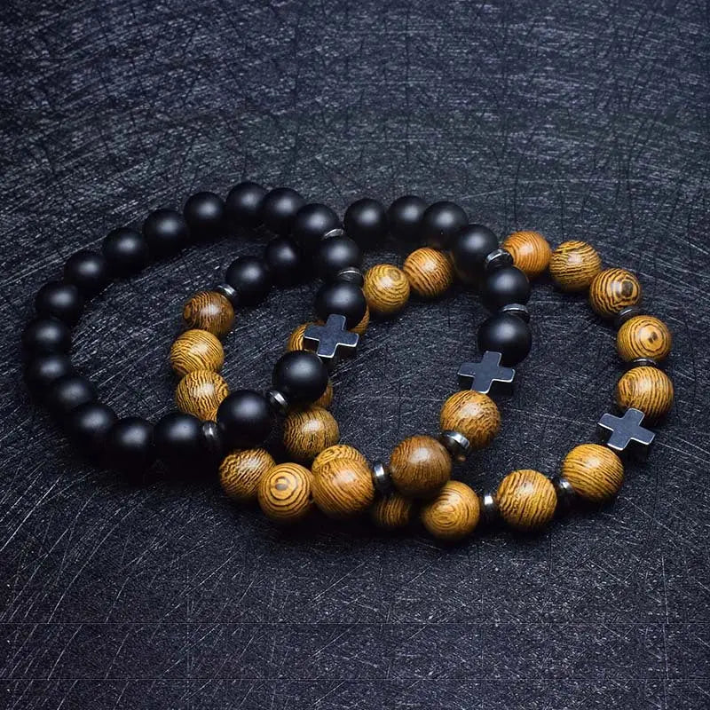 Single-row Stone Bead Stretchable Cross Bracelet