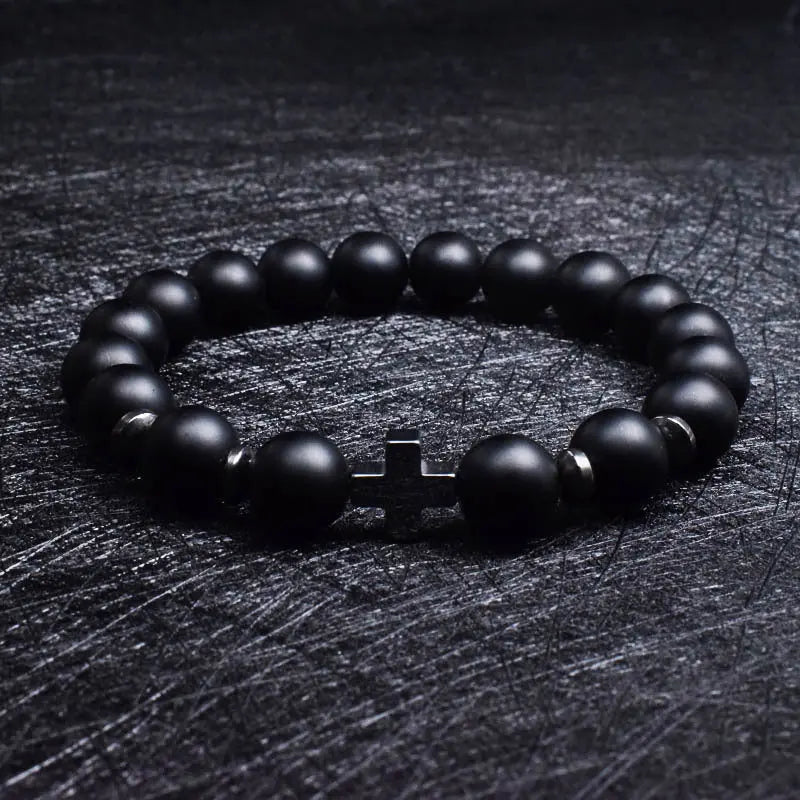 Single-row Stone Bead Stretchable Cross Bracelet