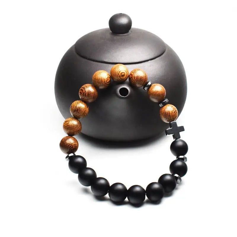 Single-row Stone Bead Stretchable Cross Bracelet
