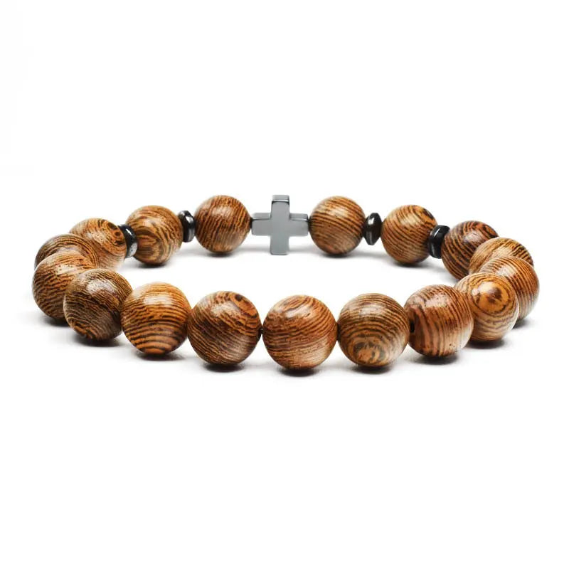 Single-row Stone Bead Stretchable Cross Bracelet