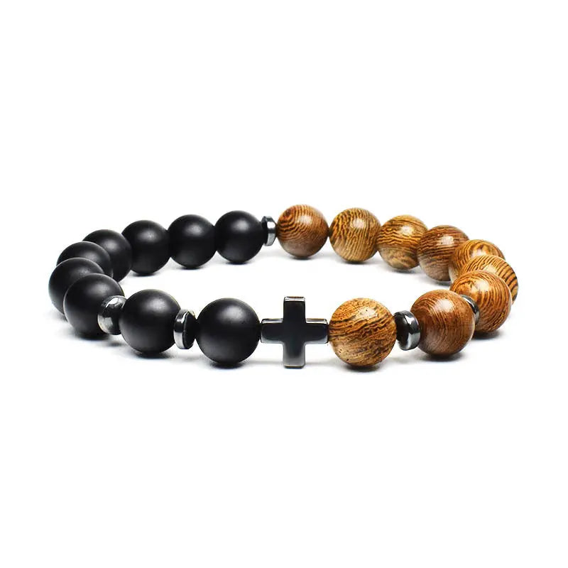 Single-row Stone Bead Stretchable Cross Bracelet